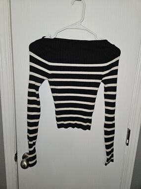 H&M Black and White Rib-knit Boat-neck Stripe Top